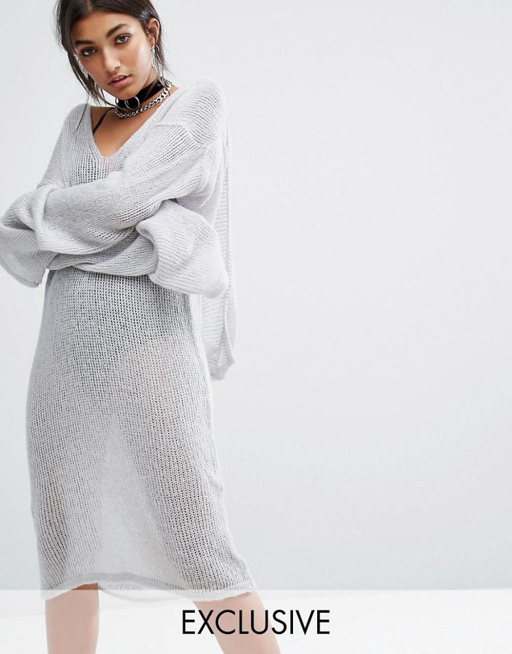 Bones Oversized Longline Loose Knit Hoodie Dress - Gray