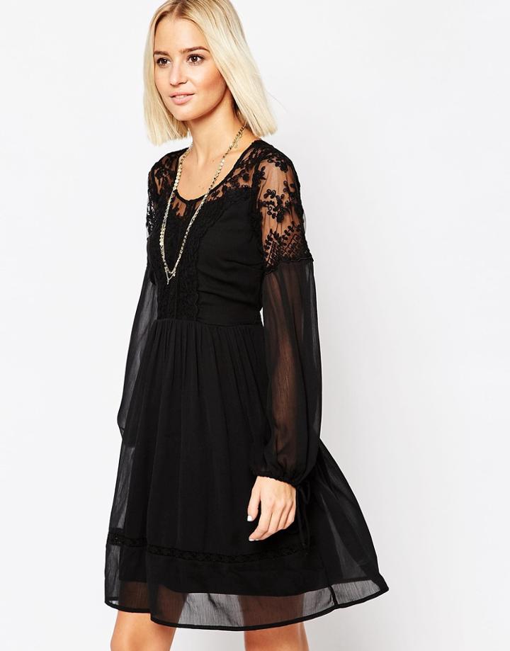 Vero Moda Lace And Sheer Dress With Tie Sleeves - Black