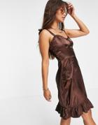 Urban Threads Tie Strap Satin Mini Dress In Chocolate Brown