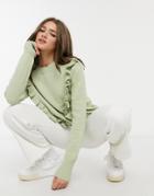 Qed London Frill Front Detail Sweater In Sage-green