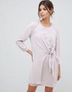 Asos Design Knot Front Mini Shift Dress With Long Sleeves - Gray