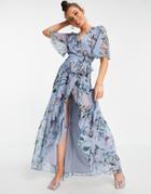 Hope & Ivy Flutter Sleeve Wrap Maxi Dress In Blue Floral-blues