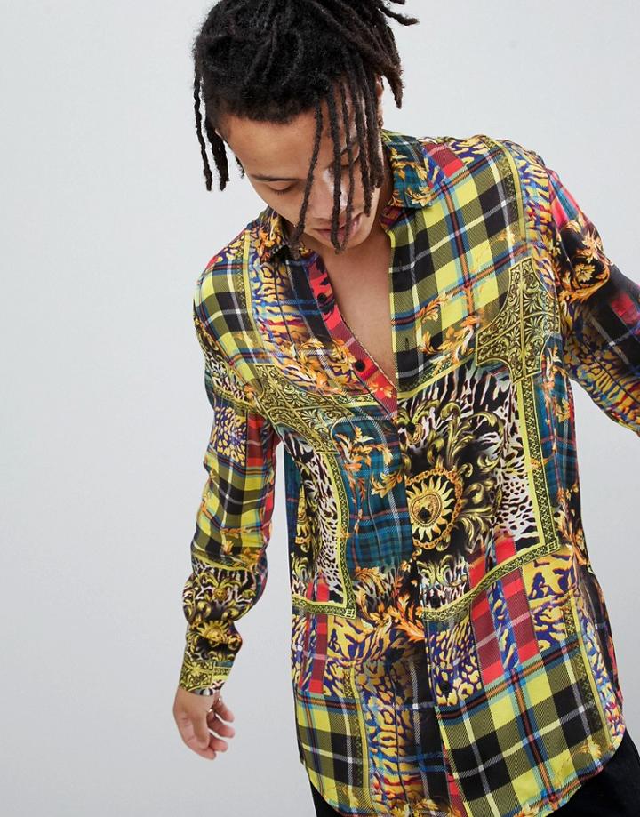 Asos Design Regular Fit Baroque & Check Mixed Print Shirt - Multi