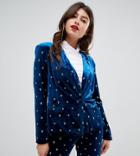 Unique21 Velvet Fitted Blazer With Stars Embroidery Two-piece - Navy