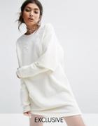 Bones Oversized Sweat Dress With Double Layer Sleeve And Lace Patches - White
