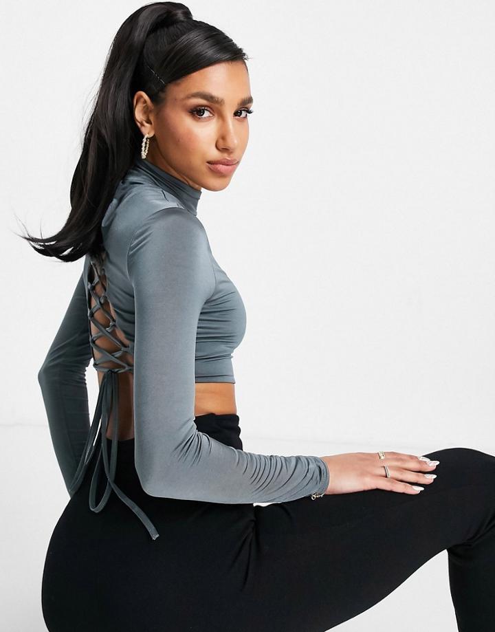 Club L London High Neck Lace-up Back Crop Top In Slate Set-purple