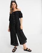 Asos Design Off Shoulder Puff Sleeve Button Front Jumpsuit In Black Broderie