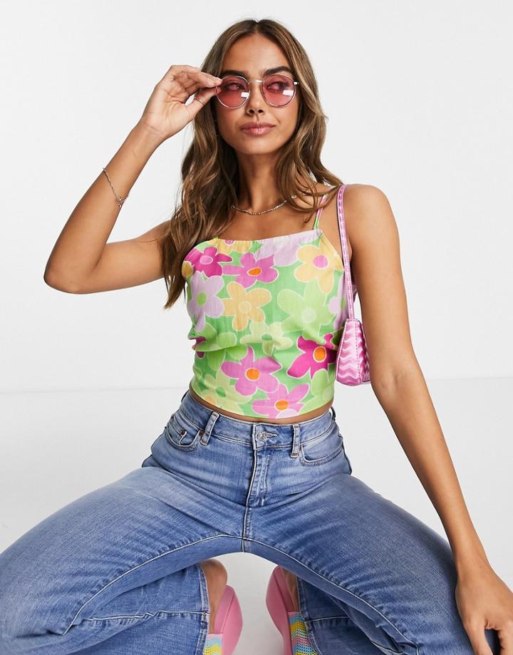 Asos Design Linen Square Neck Sun Top With Lace Up Back In Bright Green Floral Print-multi