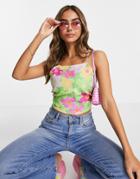Asos Design Linen Square Neck Sun Top With Lace Up Back In Bright Green Floral Print-multi