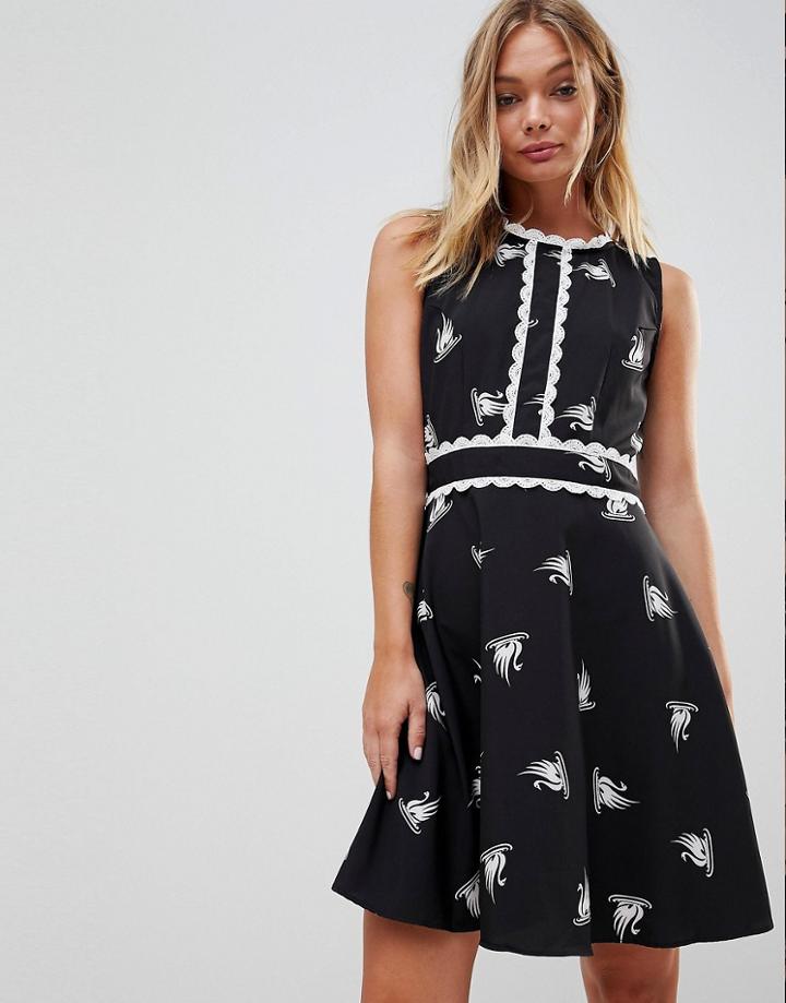 Trollied Dolly Swan Print Skater Dress With Trim Detail - Black