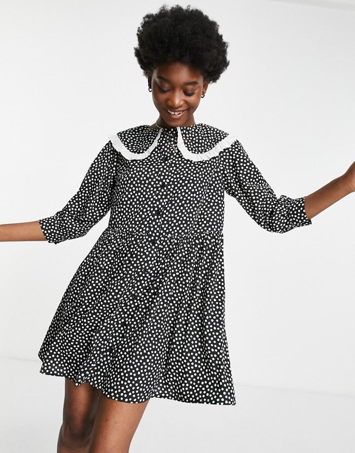 New Look Contrast Trim Collar Long Sleeve Mini Smock Dress In Black Pattern
