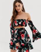 Prettylittlething Two-piece Bardot Crop Top In Black Floral - Multi