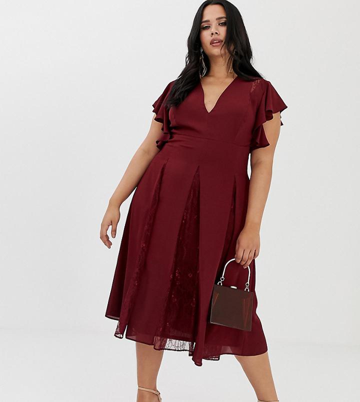 Asos Design Curve Midi Dress With Lace Godet Panels-red