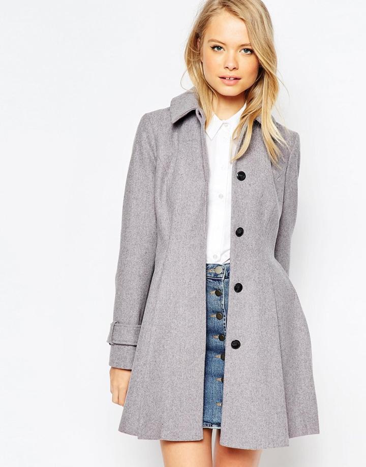 Asos Dolly Skater Coat With Pleat Detail - Heathered Gray