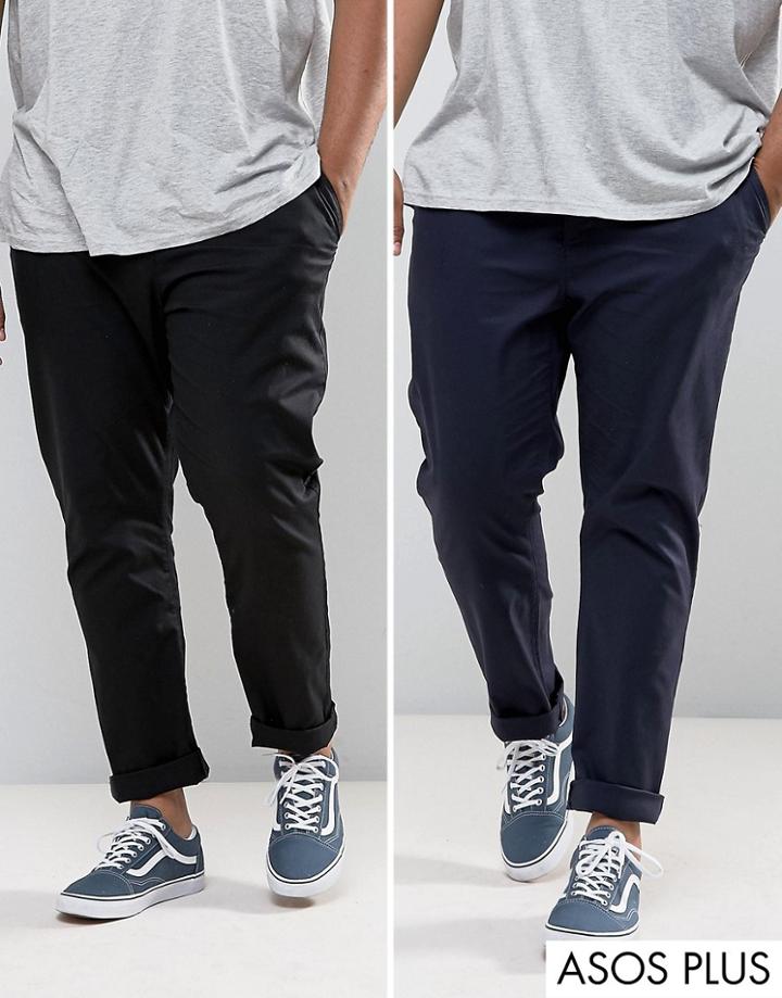 Asos Plus 2 Pack Slim Chinos In Black & Navy Save - Multi