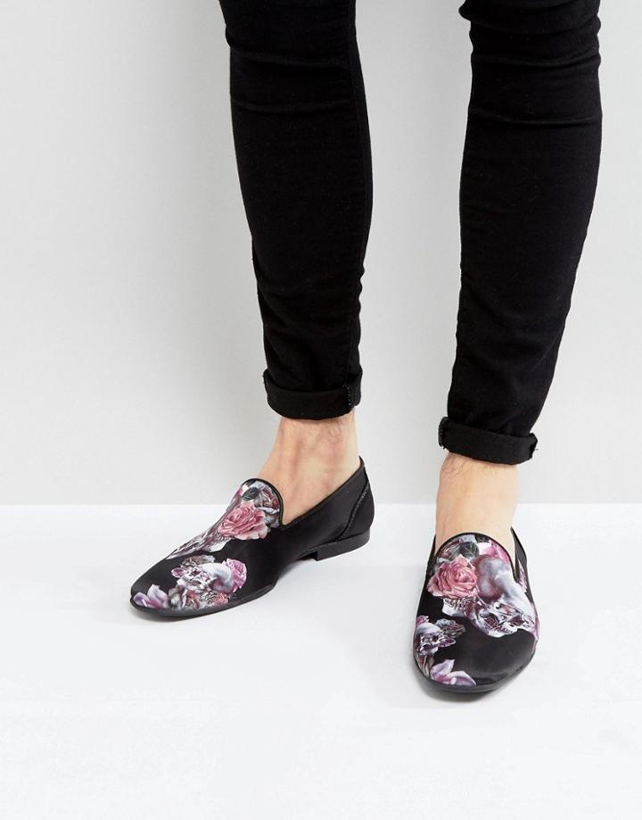 Asos Loafers In Black Satin With Rose And Skull Print - Black