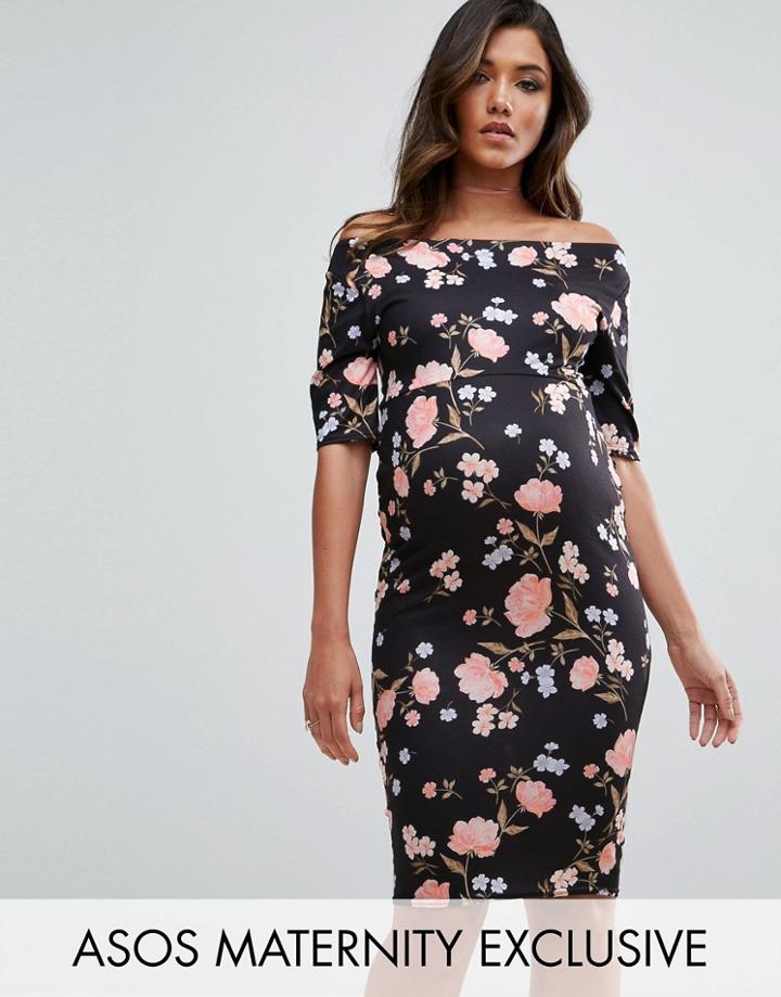Asos Maternity Bardot Dress With Half Sleeve In Rose Floral Print - Multi