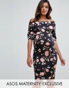 Asos Maternity Bardot Dress With Half Sleeve In Rose Floral Print - Multi