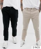 Asos Design 2 Pack Skinny Ankle Grazer Chinos In Black & Beige Save-multi