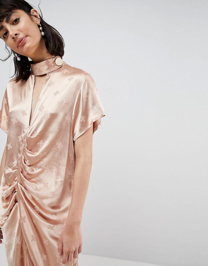 Asos White Floral Tab Detail Ruched Midi Dress - Pink