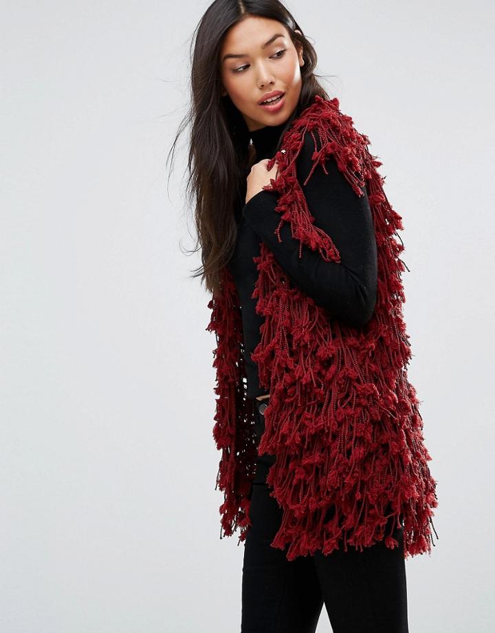 Qed London Shaggy Faux Fur Vest - Red