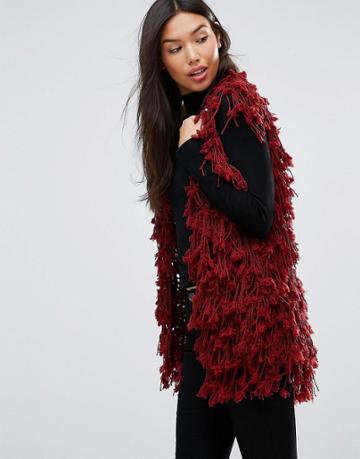 Qed London Shaggy Faux Fur Vest - Red