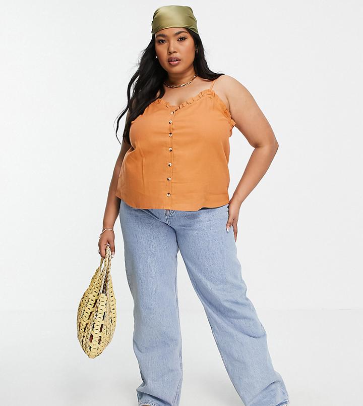 Asos Design Curve Button Through Sun Top With Frill In Apricot-no Color