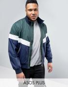 Asos Plus Zip Through Track Jacket With Color Block Detail - Green