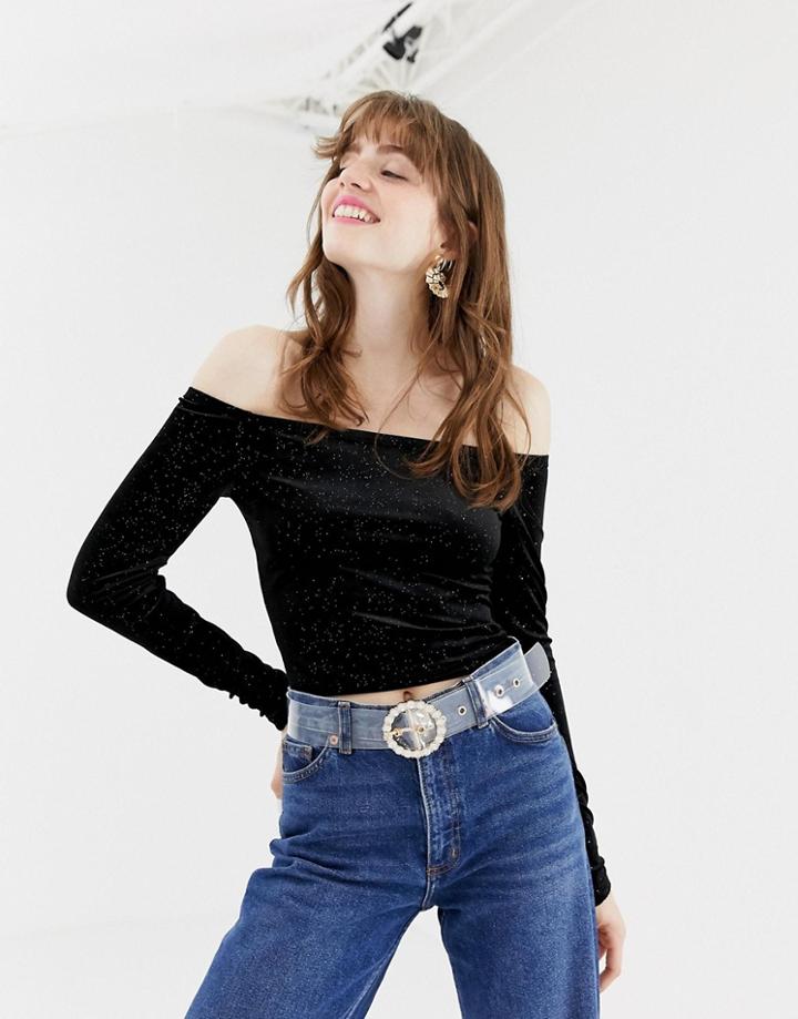 Monki Velvet Cropped Glitter Off Shoulder Top In Black