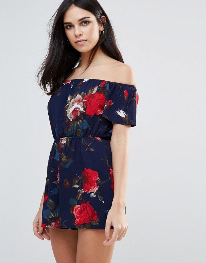 Parisian Floral Off Shoulder Romper - Navy