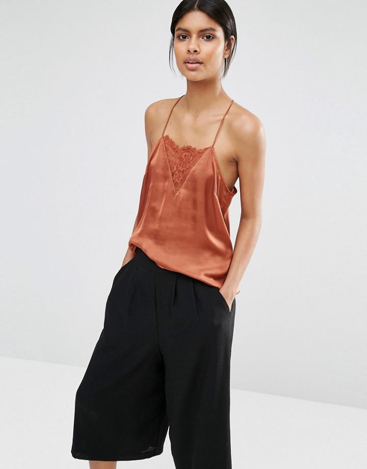 Selected Lovely Strappy Top With Lace Insert - Rustic Brown