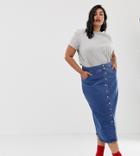 Asos Design Curve Denim Midi Skirt With Poppers In Midwash Blue - Blue