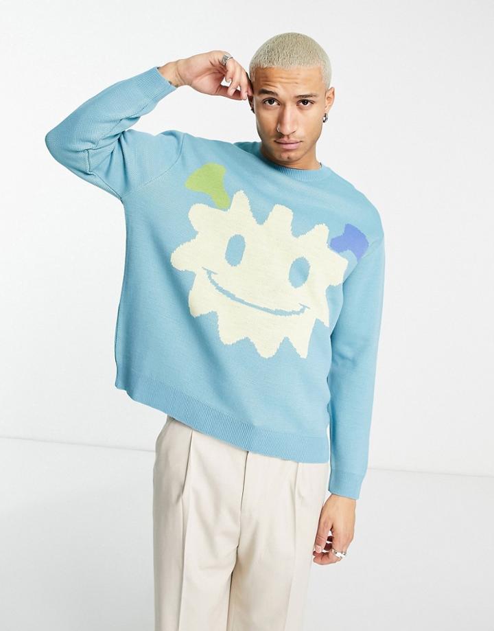 Asos Design Knit Sweater With Monster Placement In Light Blue