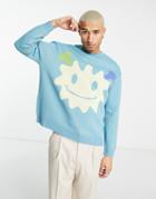 Asos Design Knit Sweater With Monster Placement In Light Blue