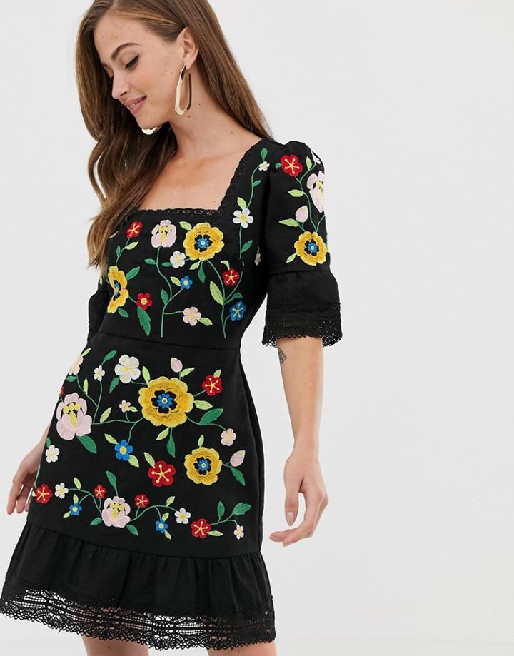 Asos Design Embroidered Square Neck Mini Dress With Lace Inserts - Black