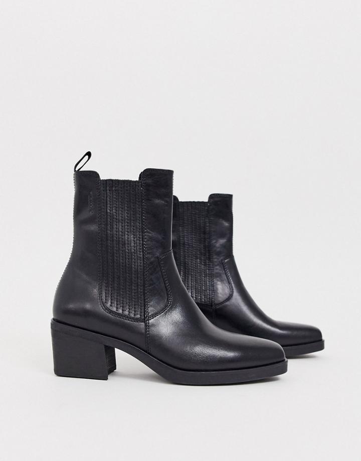 Vagabond Simone Black Leather Western Mid Heeled Ankle Boots With Square Toe