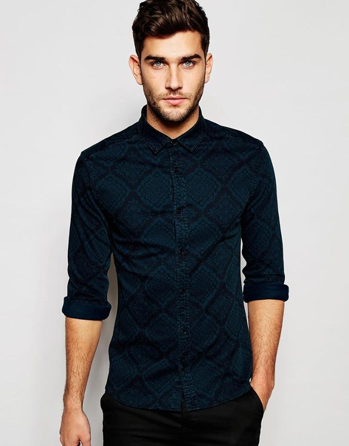 Asos Skinny Denim Shirt With Bandana Print In Long Sleeve - Black