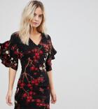 Parisian Petite V Neck Floral Shift Dress With Flare Sleeve - Black