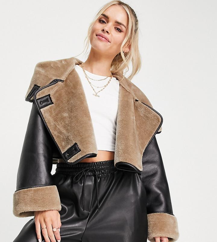 Asos Design Petite Bonded Luxe Cropped Aviator Jacket In Black