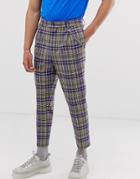 Asos Design Tapered Crop Smart Pants In Gray And Blue Check With Metalwork - Gray