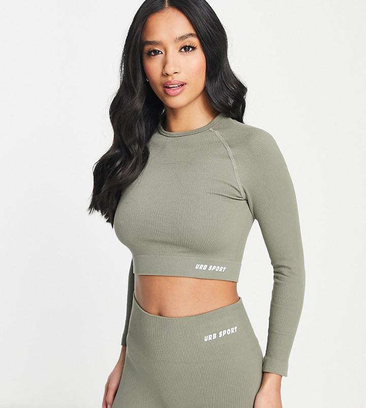 Urban Threads Petite Seamless Long Sleeve Sports Crop Top In Sage Green
