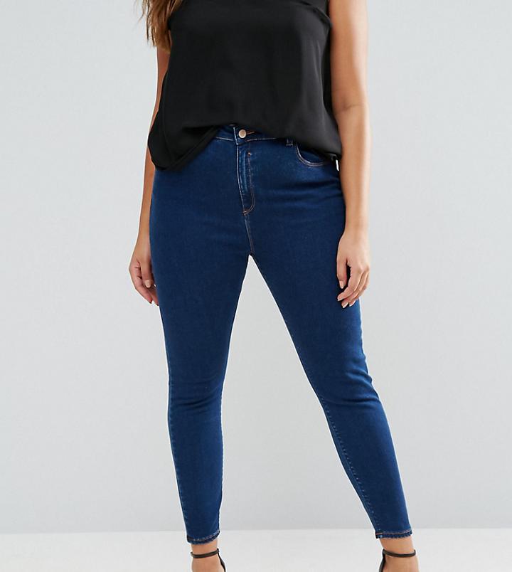 Asos Curve Ridley High Waist Skinny Jeans In Deep Blue Wash - Blue