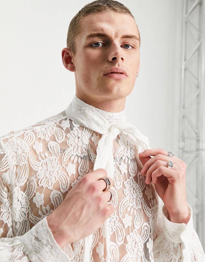 Asos Design Regular Fit Lace Shirt With Pussybow In White