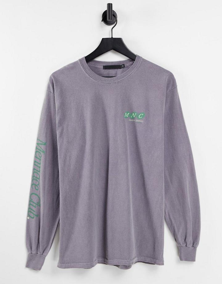 Mennace Long Sleeve T-shirt In Washed Purple With Chest And Sleeve Print