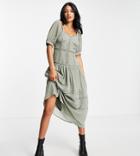 Asos Design Tall Soft Sweetheart Neck Button Through Midi Dress With Lace Inserts In Deep Sage Green