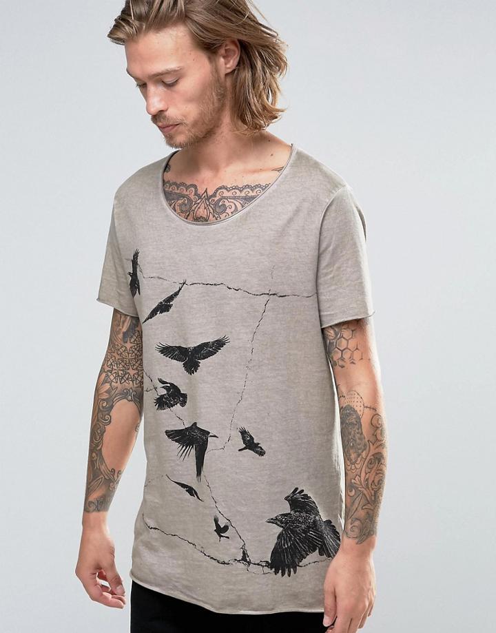 Asos Longline T-shirt With Raw Scoop Neck And Bird Print With Pigment Dye - Beige