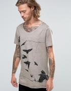 Asos Longline T-shirt With Raw Scoop Neck And Bird Print With Pigment Dye - Beige