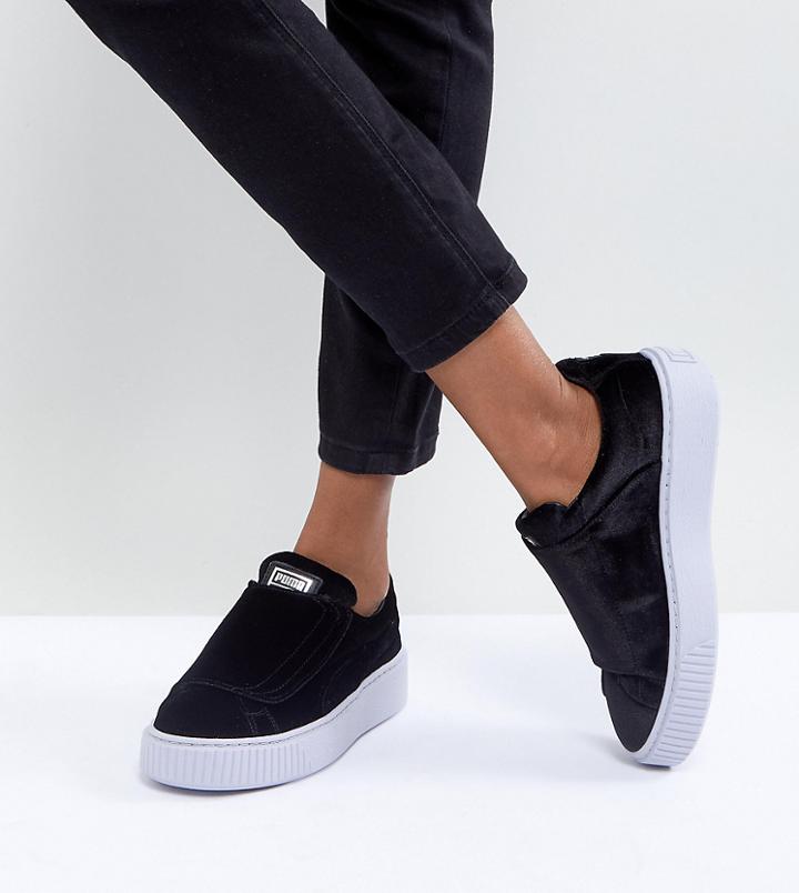 Puma Velour Strap Platform Sneakers In Black - Black