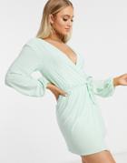 Club L Slinky Wrap Dress With Plunge Front In Mint-green