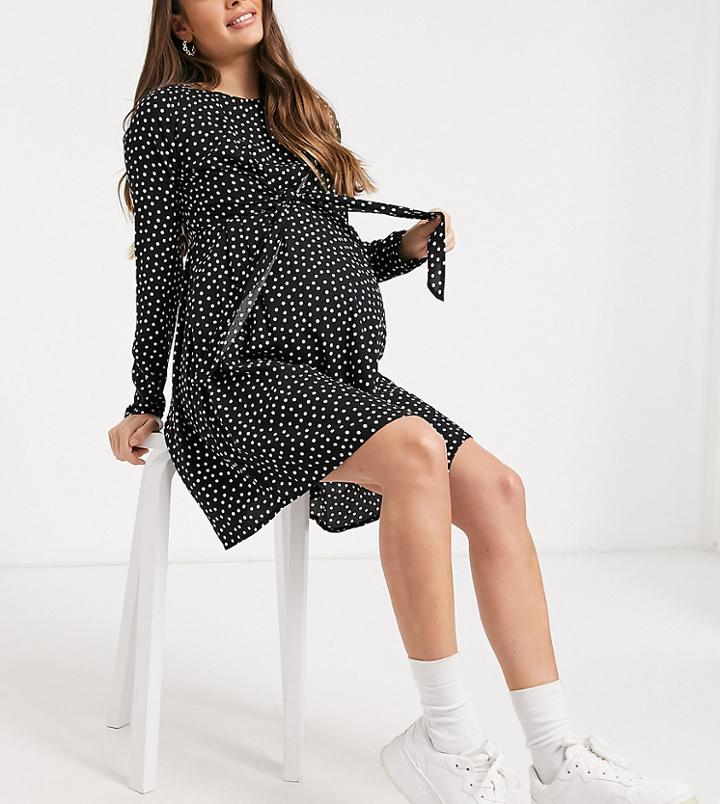Asos Design Maternity Nursing Mini Wrap Dress With Long Sleeves In Mono Dot-multi
